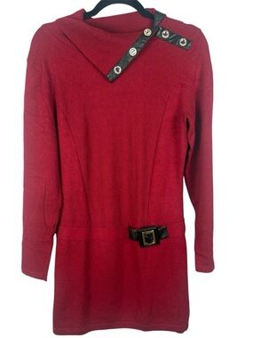 Le Grenier Asymmetrical Faux-Leather Trim Soft Knit Sweater Medium Tunic Dress